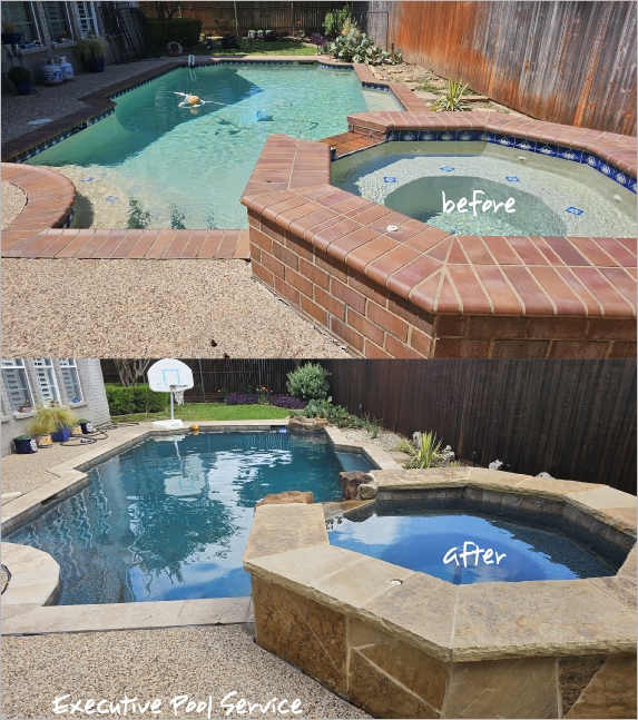 before and after image of pool renovation in McKinney, Texasl by Executive Pool Service