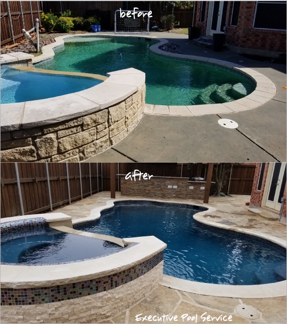 before and after picture of pool renovation including pool replaster in McKinney, Texas