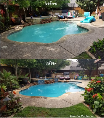 before and after image of McKinney pool remodel by executive pool service mckinney tx