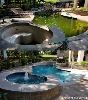 before and after image of McKinney pool remodel by executive pool service