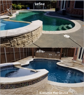 before and after picture of pool renovation including pool replaster in McKinney, Texas