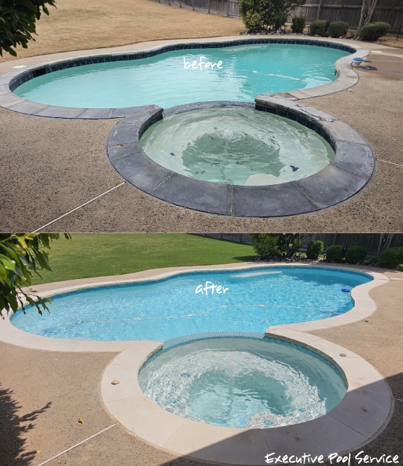before and after picture of pool renovation in McKinney, Texas by executive pool service