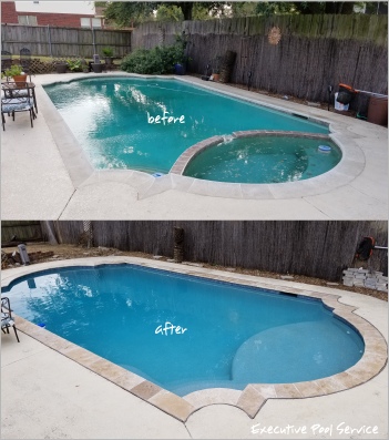 before and after image of pool renovation by executive pool service mckinney tx
